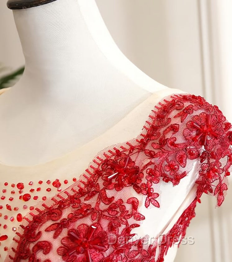 Gorgeous Champagne Tulle Long Sweet 16 Dresses with Red Lace, Formal Gown