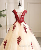 Gorgeous Champagne Tulle Long Sweet 16 Dresses with Red Lace, Prom Gowns