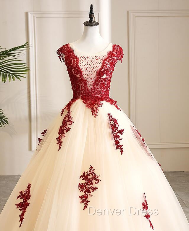 Gorgeous Champagne Tulle Long Sweet 16 Dresses with Red Lace, Formal Gown
