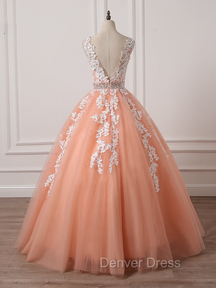 Gorgeous Coral Tulle High Quality V Neck Lace Appliques Beads Prom Dress, Long Prom Dresses Secondary image