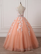 Gorgeous Coral Tulle High Quality V Neck Lace Appliques Beads Prom Dress, Long Prom Dresses