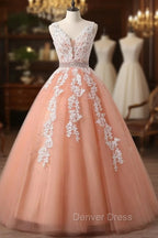 Gorgeous Coral Tulle  High Quality V-neck Lace Appliques Beads Party Dresses, Long Formal Dresses