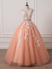 Gorgeous Coral Tulle  High Quality V-neck Lace Appliques Beads Party Dress, Long Formal Dress
