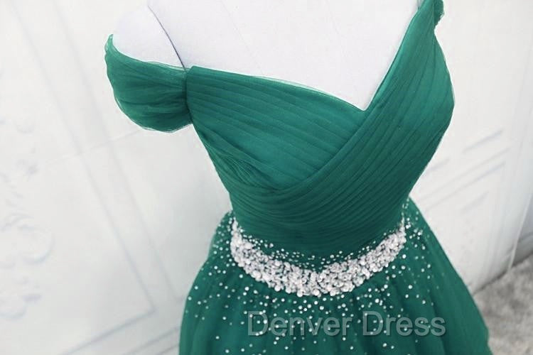 Gorgeous Dark Green Tulle Off Shoulder Long Party Dresses, Prom Gown