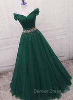 Gorgeous Dark Green Tulle Off Shoulder Long Party Dresses, Prom Gown