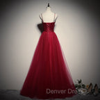 Gorgeous Dark Red Straps Tulle Long Party Dresses, A-line Formal Dresses