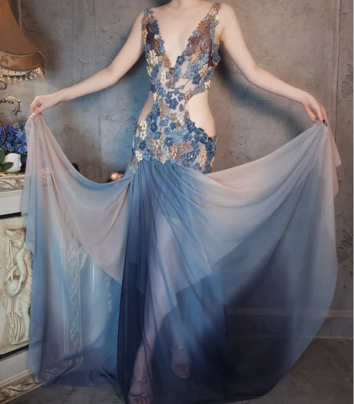 Gorgeous Gradient Blue 3D Floral Openwork Chiffon Long Prom Dresses Evening Dresses Secondary image