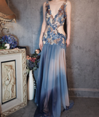 Gorgeous Gradient Blue 3D Floral Openwork Chiffon Long Prom Dresses Evening Dresses