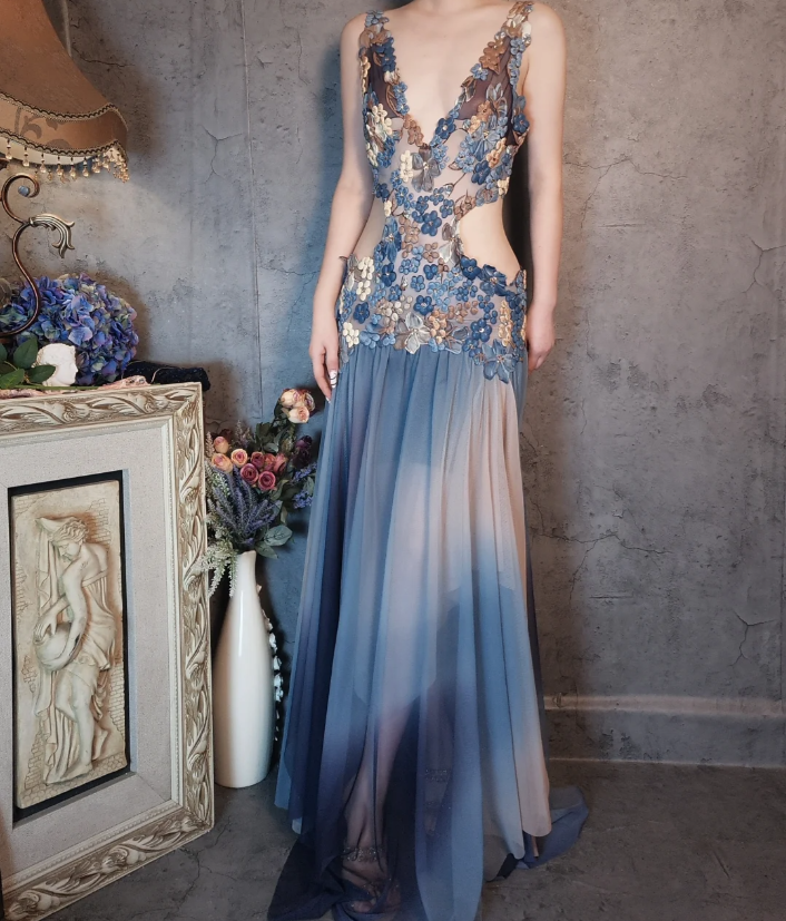 Gorgeous Gradient Blue 3D Floral Openwork Chiffon Long Prom Dresses Evening Dresses