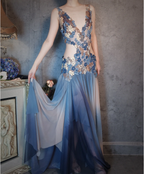 Gorgeous Gradient Blue 3D Floral Openwork Chiffon Long Prom Dresses Evening Dresses