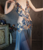 Gorgeous Gradient Blue 3D Floral Openwork Chiffon Long Prom Dresses Evening Dresses