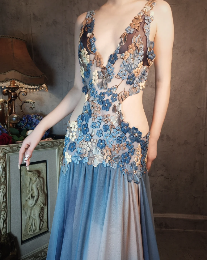 Gorgeous Gradient Blue 3D Floral Openwork Chiffon Long Prom Dresses Evening Dresses