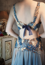 Gorgeous Gradient Blue 3D Floral Openwork Chiffon Long Prom Dresses Evening Dresses