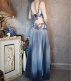 Gorgeous Gradient Blue 3D Floral Openwork Chiffon Long Prom Dresses Evening Dresses