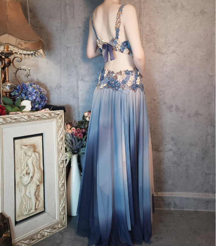 Gorgeous Gradient Blue 3D Floral Openwork Chiffon Long Prom Dresses Evening Dresses