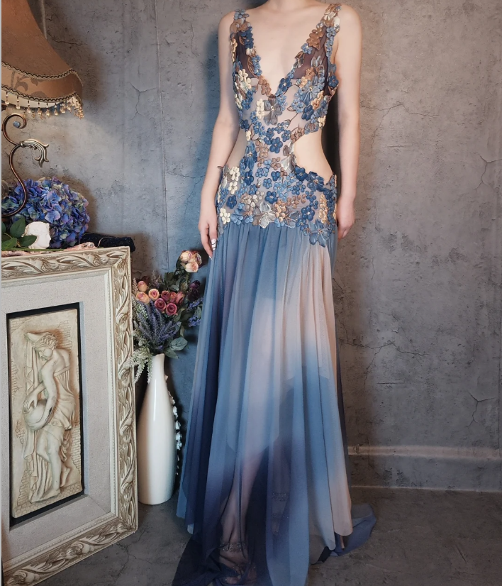 Gorgeous Gradient Blue 3D Floral Openwork Chiffon Long Prom Dresses Evening Dresses