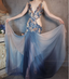 Gorgeous Gradient Blue 3D Floral Openwork Chiffon Long Prom Dresses Evening Dresses