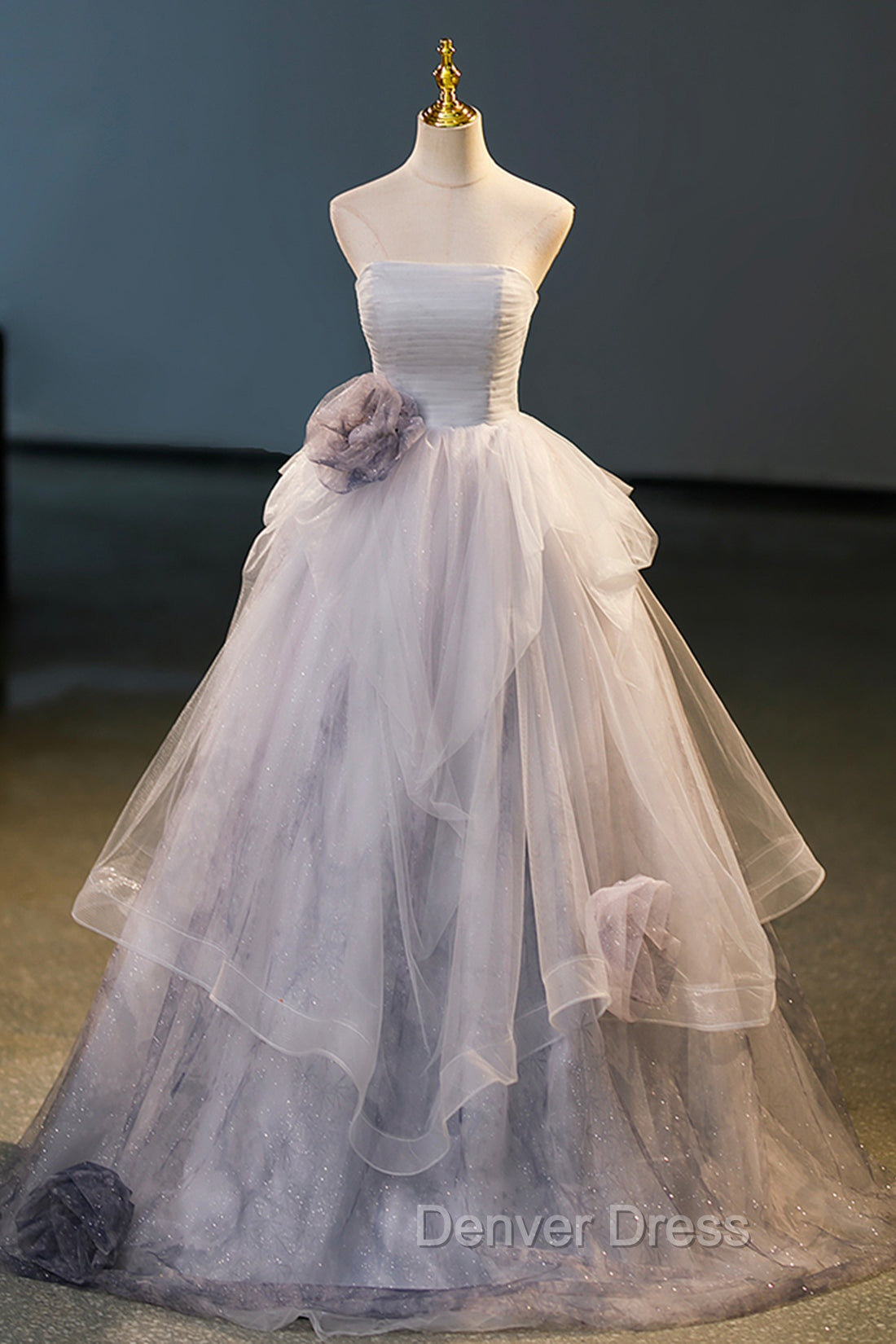 Gorgeous Gray Tulle Long Formal Dresses, Gray Strapless Evening Dresses