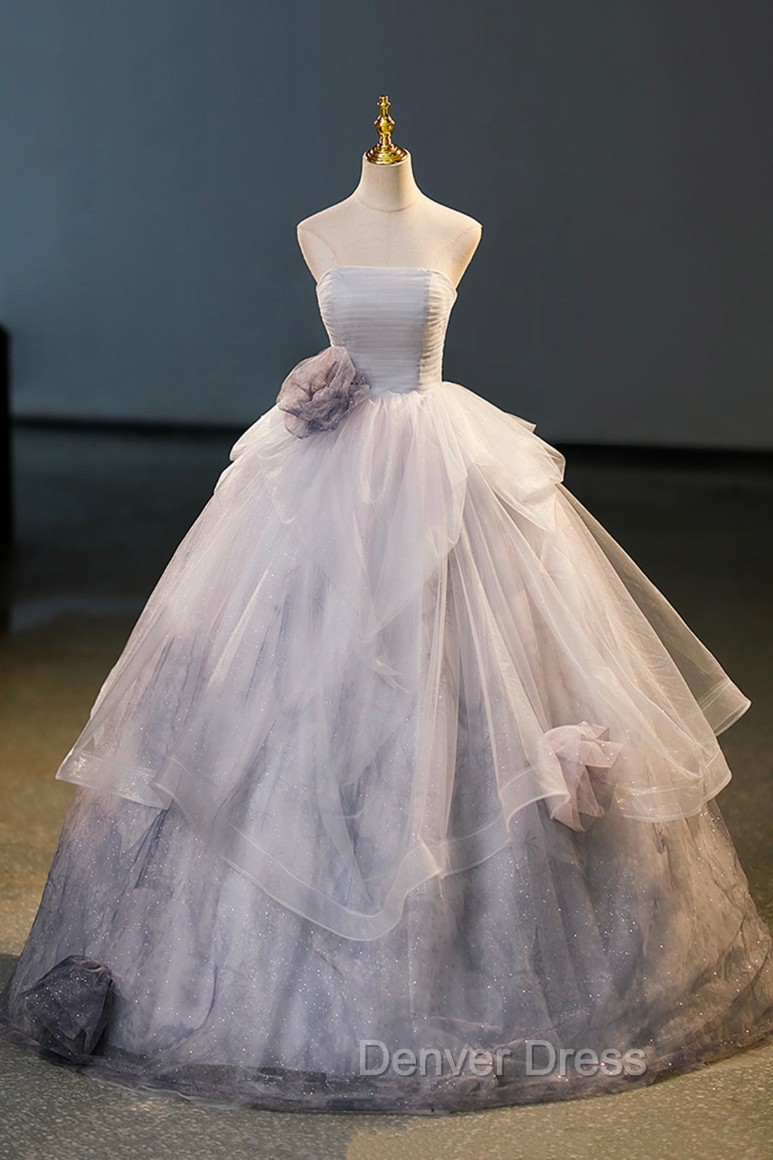 Gorgeous Gray Tulle Long Formal Dresses, Gray Strapless Evening Dresses