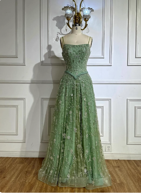 Gorgeous Green A-Line Square Neck Spaghetti Strap Beaded Embroidered Tulle Long Prom Dresses Evening Dresses Secondary image
