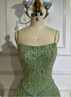 Gorgeous Green A-Line Square Neck Spaghetti Strap Beaded Embroidered Tulle Long Prom Dresses Evening Dresses
