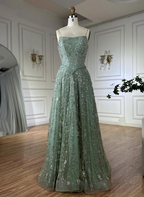 Gorgeous Green A-Line Square Neck Spaghetti Strap Beaded Embroidered Tulle Long Prom Dresses Evening Dresses