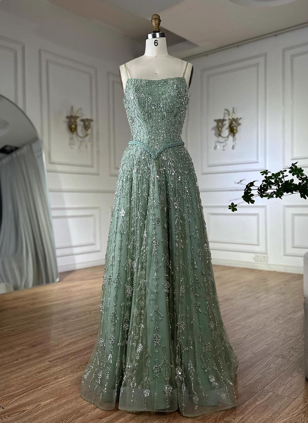 Gorgeous Green A-Line Square Neck Spaghetti Strap Beaded Embroidered Tulle Long Prom Dresses Evening Dresses