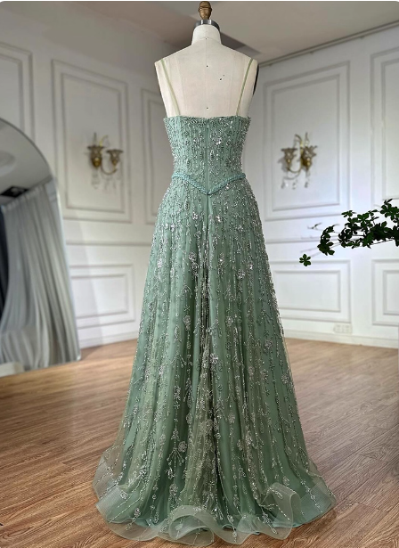Gorgeous Green A-Line Square Neck Spaghetti Strap Beaded Embroidered Tulle Long Prom Dresses Evening Dresses