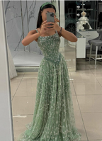 Gorgeous Green A-Line Square Neck Spaghetti Strap Beaded Embroidered Tulle Long Prom Dresses Evening Dresses