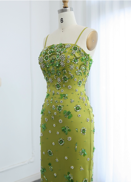 Gorgeous Green Bodycon Spaghetti Strap Square Neck Rhinestone Satin Long Prom Dresses Evening Dresses
