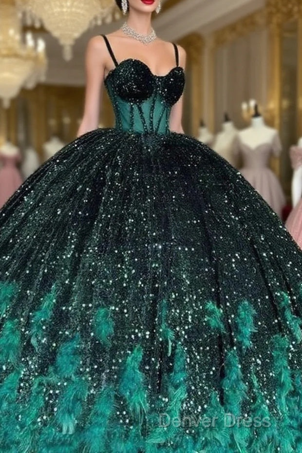 Gorgeous Green Sequins Feathers Ball Gowns Quinceanera Dress Prom Sweet 16 Prom Dresses Main image