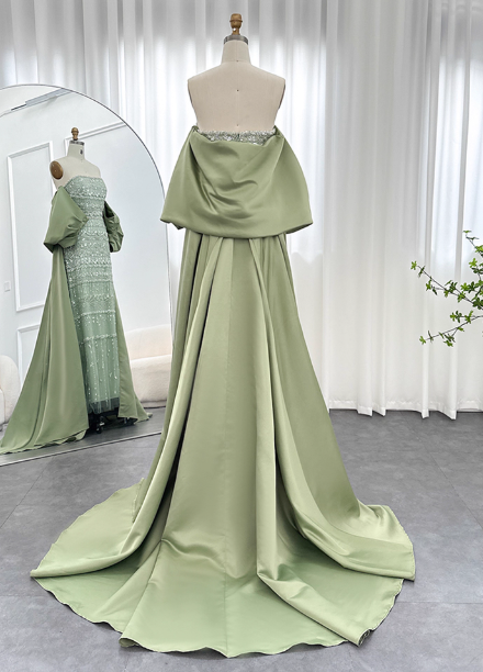Gorgeous Green Strapless Beaded Cape Satin Train Prom Dresses Evening Dresses Secondary image