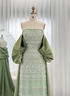 Gorgeous Green Strapless Beaded Cape Satin Train Prom Dresses Evening Dresses