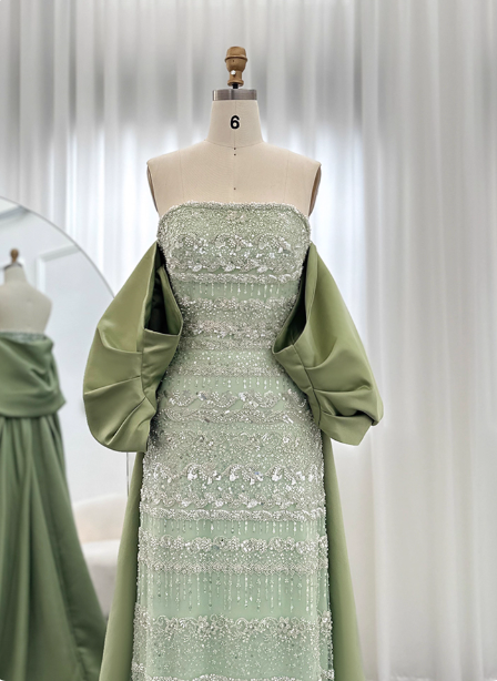 Gorgeous Green Strapless Beaded Cape Satin Train Prom Dresses Evening Dresses