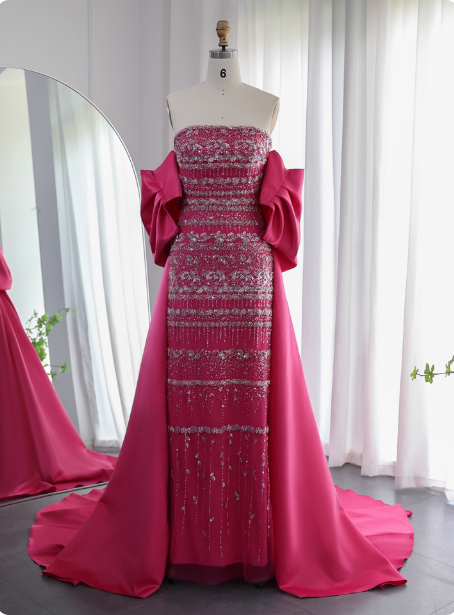 Gorgeous Green Strapless Beaded Cape Satin Train Prom Dresses Evening Dresses