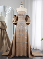 Gorgeous Green Strapless Beaded Cape Satin Train Prom Dresses Evening Dresses
