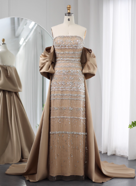Gorgeous Green Strapless Beaded Cape Satin Train Prom Dresses Evening Dresses