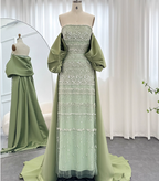 Gorgeous Green Strapless Beaded Cape Satin Train Prom Dresses Evening Dresses
