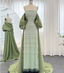 Gorgeous Green Strapless Beaded Cape Satin Train Prom Dresses Evening Dresses