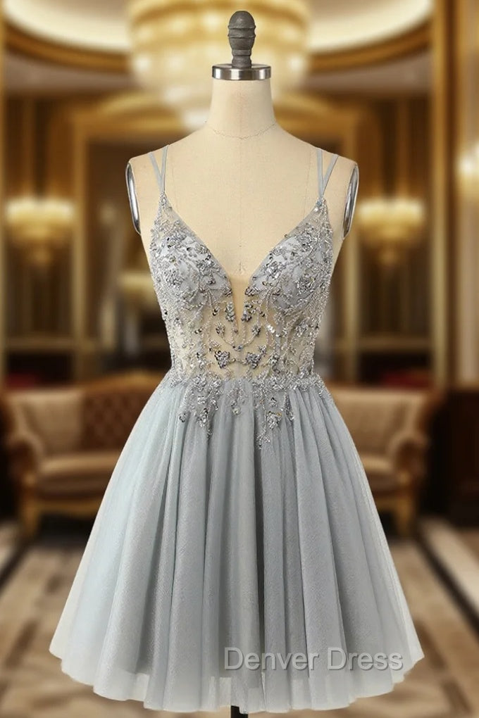 Gorgeous Grey Homecoming Dress A Line Spaghetti Straps Short Prom Dresses with Beading Main image