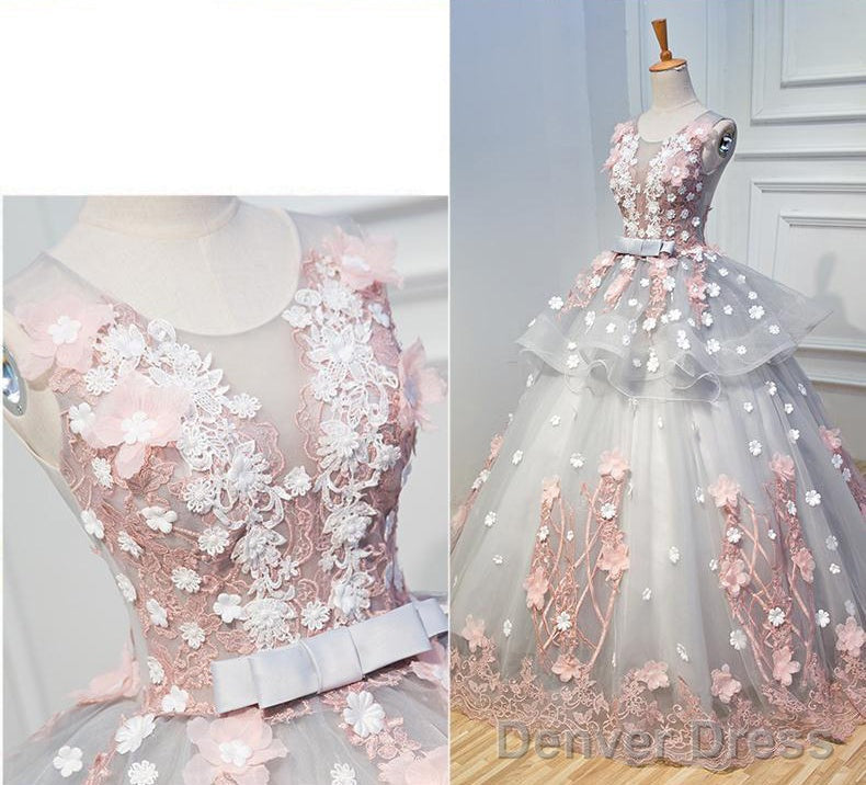 Gorgeous Grey Tulle Long Prom Gowns, Appliques Lace Up Sweetheart 16 Gowns