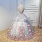 Gorgeous Grey Tulle Long Prom Gowns, Appliques Lace Up Sweetheart 16 Gowns