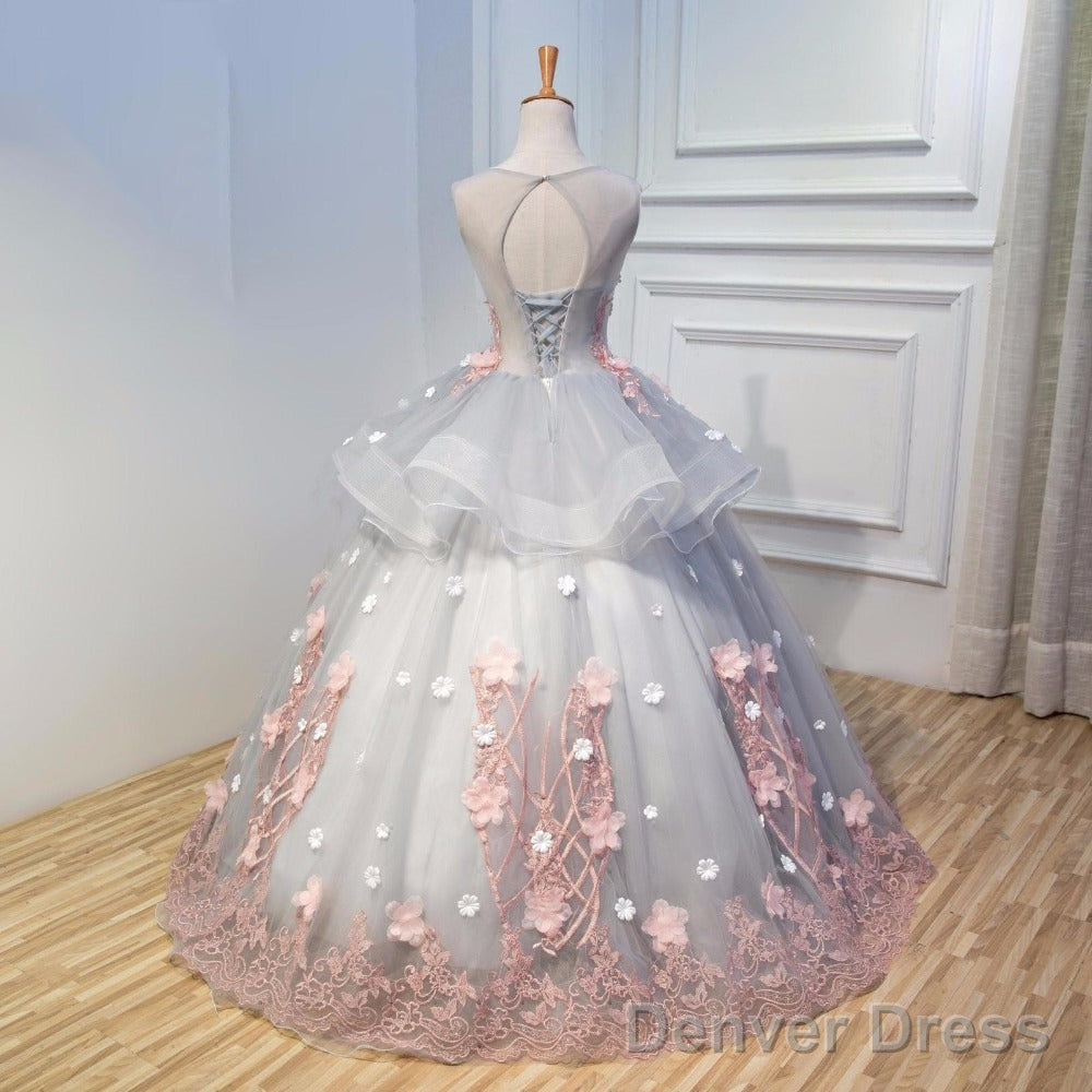 Gorgeous Grey Tulle Long Prom Gowns, Appliques Lace Up Sweetheart 16 Gowns