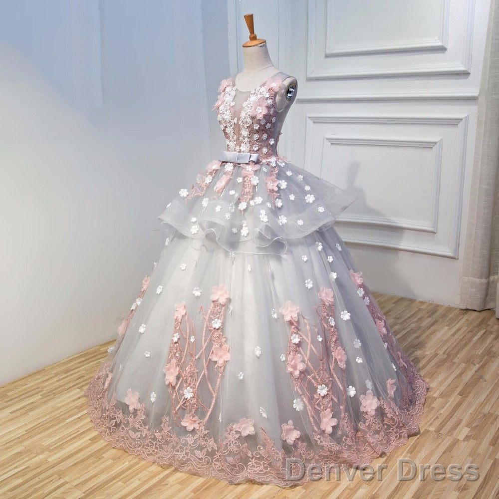 Gorgeous Grey Tulle Long Prom Gowns, Appliques Lace Up Sweetheart 16 Gowns