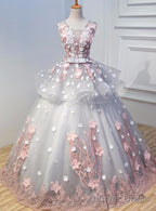 Gorgeous Grey Tulle Long Prom Gowns, Appliques Lace Up Sweetheart 16 Gowns
