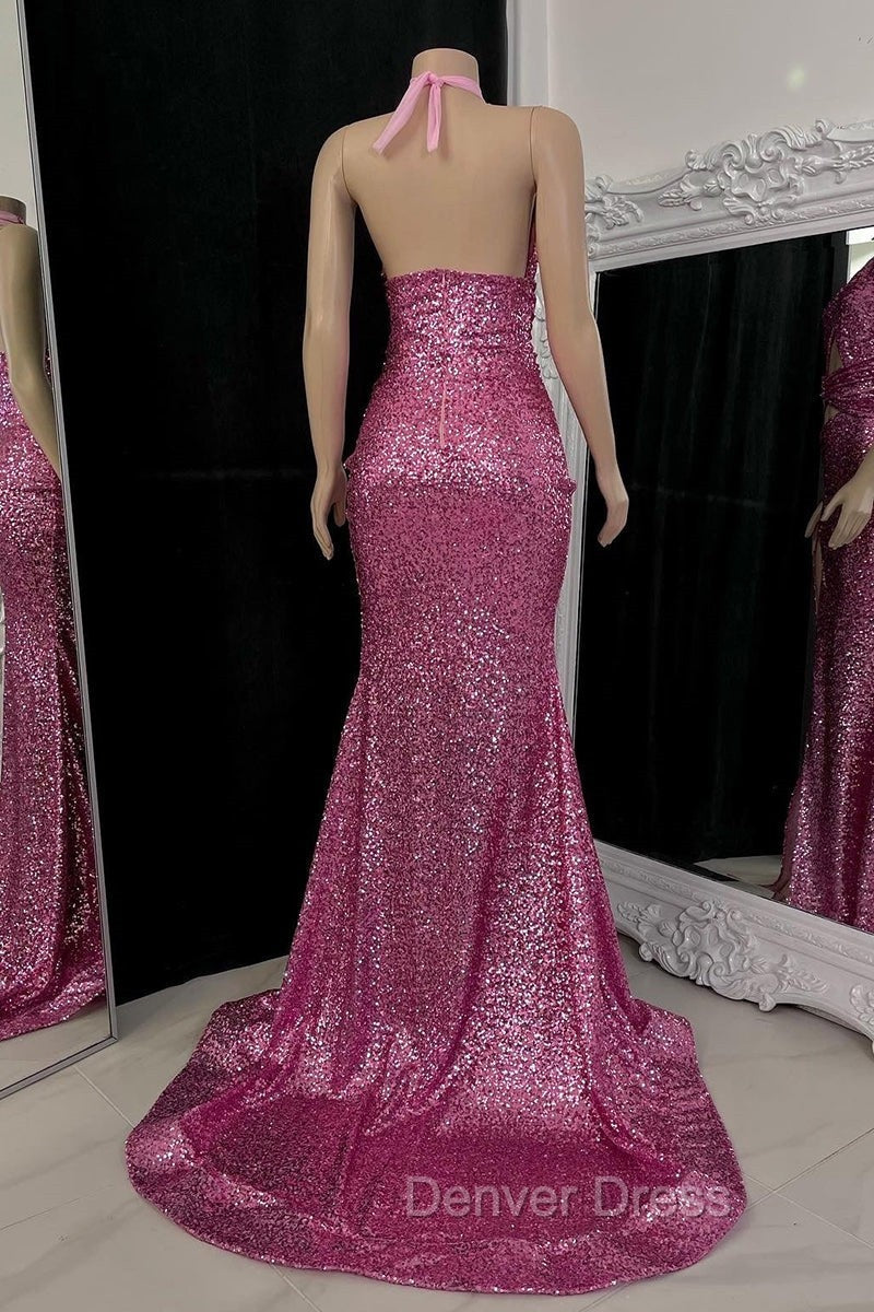 Gorgeous Halter Pink Prom Dresses Sequins Sleeveless Long With Split Secondary image