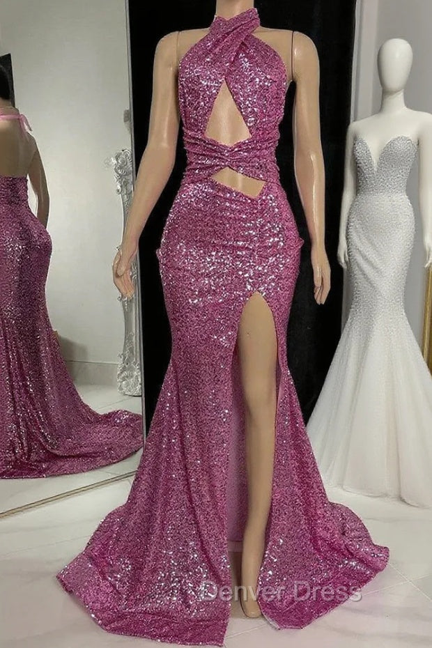 Gorgeous Halter Pink Prom Dresses Sequins Sleeveless Long With Split Main image