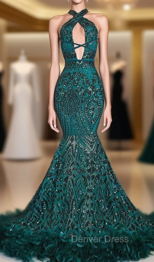 Gorgeous Halter Sleeveless Mermaid Prom Dresses Sequins Long With Feather Bottom Main image