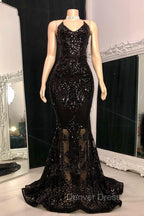 Gorgeous Halter V Neck Sleeveless Mermaid Prom Dresses Sequins Long