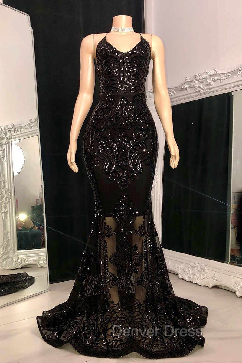 Gorgeous Halter V Neck Sleeveless Mermaid Prom Dresses Sequins Long